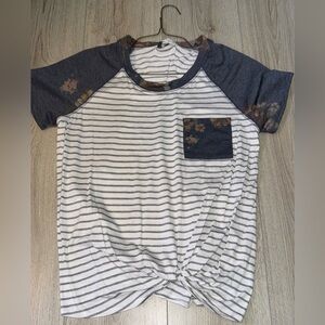 Moa Moa Striped Short Sleeve Tee Gray and White shirt top